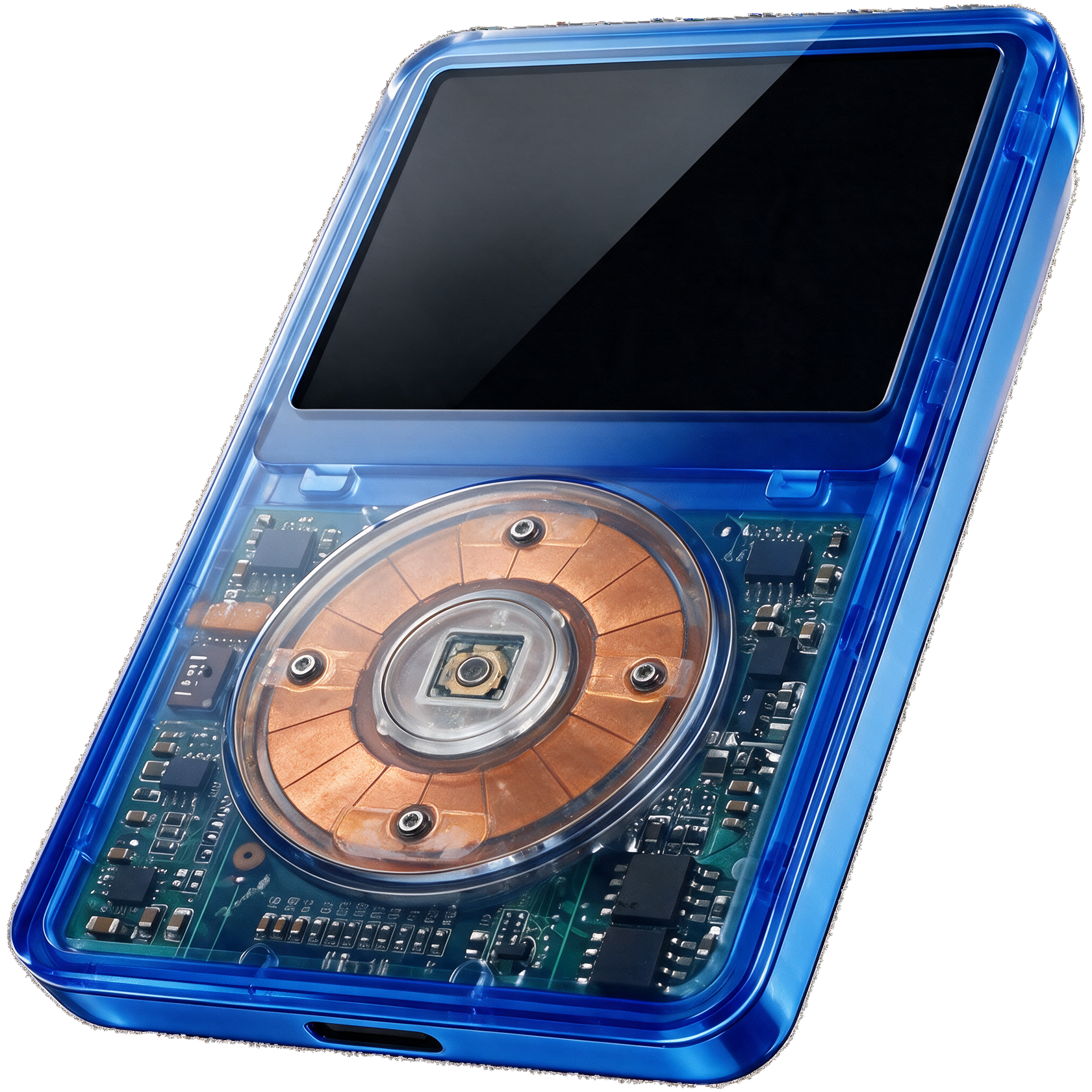Voltage &mdash; front three-quarter view, translucent electric blue iPod Classic.